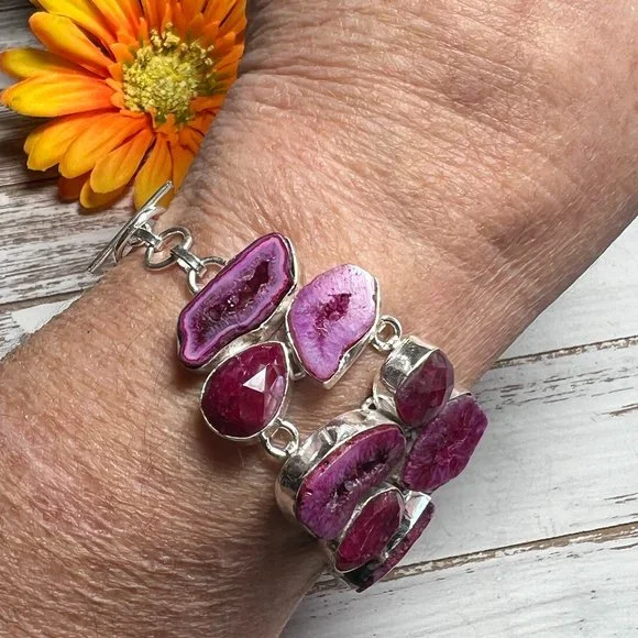 Solar Agate & Ruby Bracelet Handmade Stone Gemstone 925 Silver Large Ethnic New